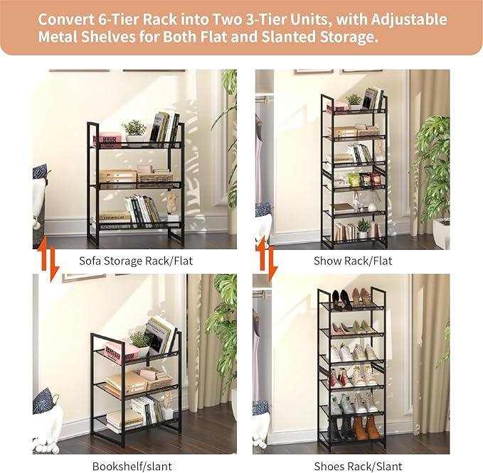 6 Tier Shoe Rack, Tall Metal Shoe Storage with Adjustable Shelves, Holds 12-14 Pairs, Stackable Shoe Stand for Garage Hallway