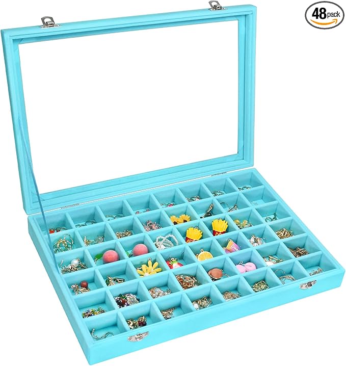 Vicoter Velvet Jewelry Tray 48 Compartments Jewelry Display Organizer with Transparent Cover Rings, Earrings, Necklaces, Pend