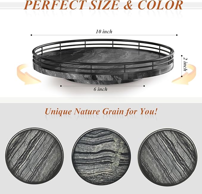 Marble Lazy Susan Turntable for Table Top – 10” Round Ancient Wood Grain Marble Tray Organizer for Dining Table, Kitchen Coun
