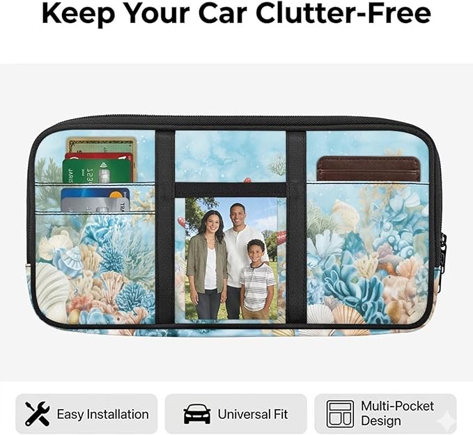 Cute Starfish Car Sun Visor Organizer with Big Zipper Pocket Car Sun Visor Storage Bag Easy Installation Universal Size Fit for Most Cars SUV