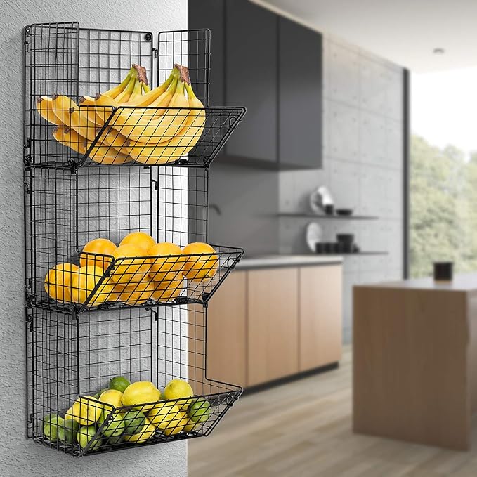 Sorbus Hanging Fruit Basket Wall Mounted Wire Metal Bins - 3 Tier Storage Basket Organizer for Kitchen Storage, Great for Pro