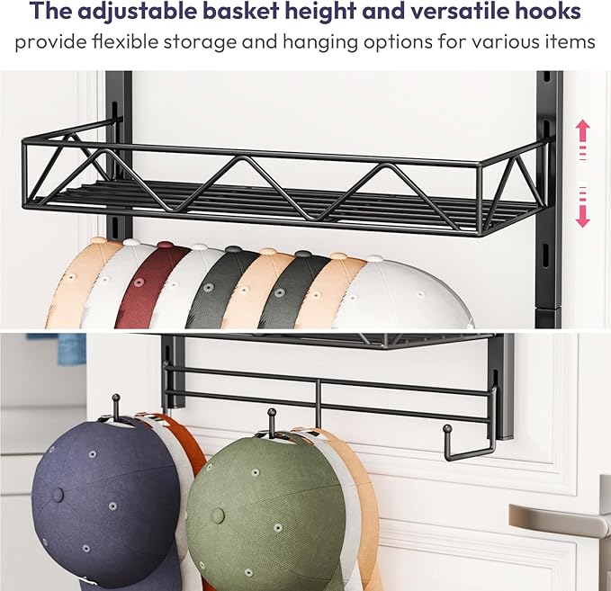 SWTYMIKI Over Door Hat Organizer - 3 Tier Wall Mounted Hat Rack with 2 Adjustable Metal Basket and 3 Hooks, Hanging Baseball 