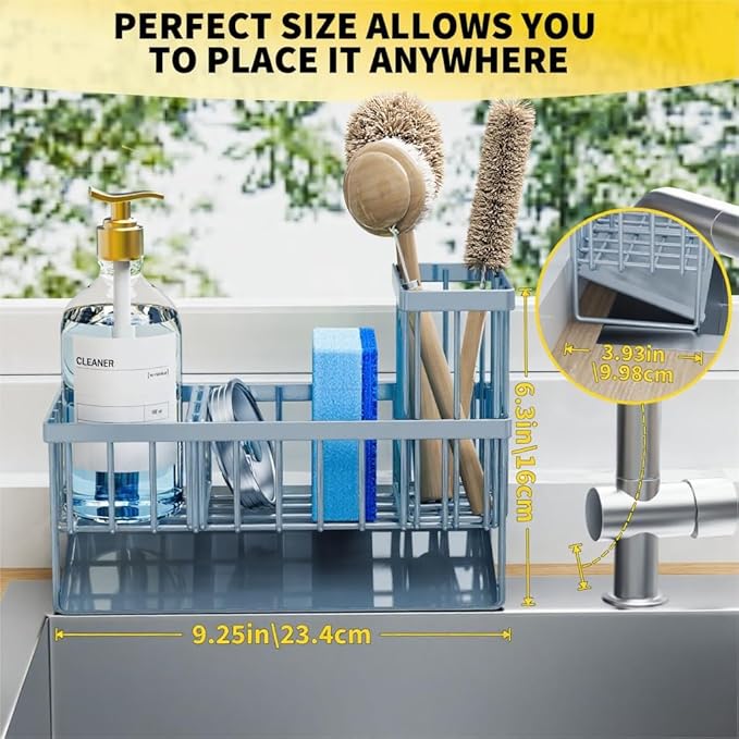 Cisily Sink Caddy Organzier with High Brush Holder, Sponge Holder for Sink, 304 Rustproof Stainless, Kitchen Countertop Soap 