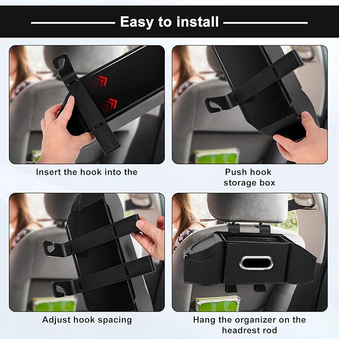 7-In-1 Car Seat Back Organizer with Cup Holders, Tissue Box, Garbage Can&Hooks, Multifunctional Headrest Storage Organizer, Headrest Cup Holder for Backseat, Car Accessories for Trips, Travels(Black)