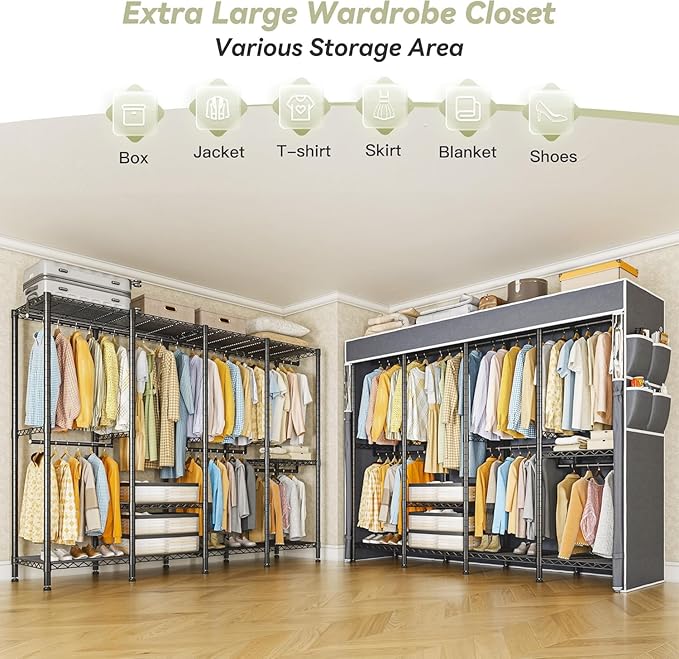 Raybee Clothes Rack with Cover,Clothing Rack for Hanging Clothes,Portable Closet,Adjustable,1150LBS,18" D x 76" W x 77" H,Bla