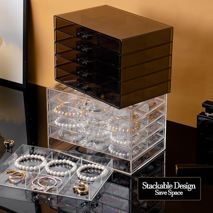 SPAKOWN Earring Organizer, Acrylic Earring Box Large 30 Compartments Jewelry Holder Organizer with 5 Drawers Stackable Earrin