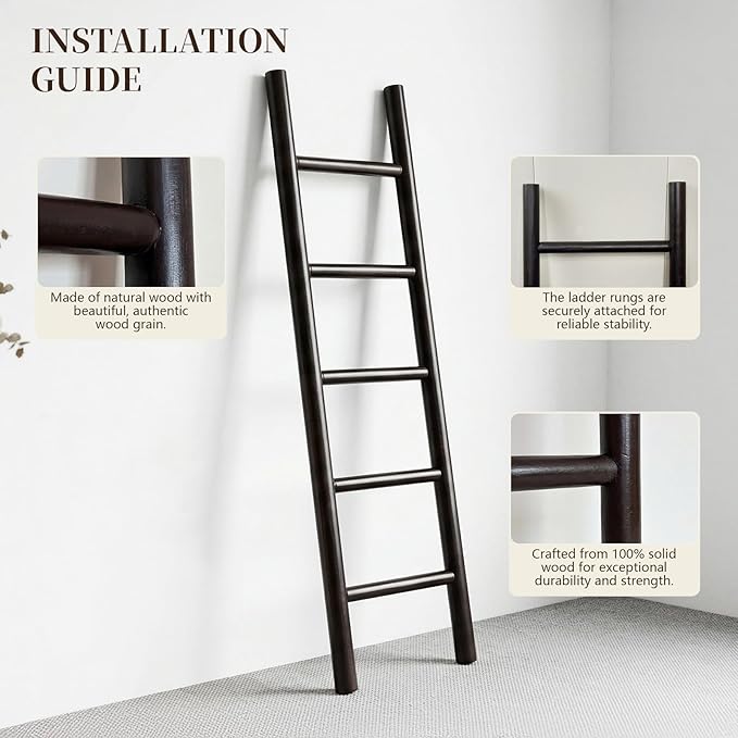 Wooden Blanket Ladder - 57in Natural & Motley Wood - Leaning Wall Decor for Bedroom, Bathroom, Living Room - Rustic Quilt Hol