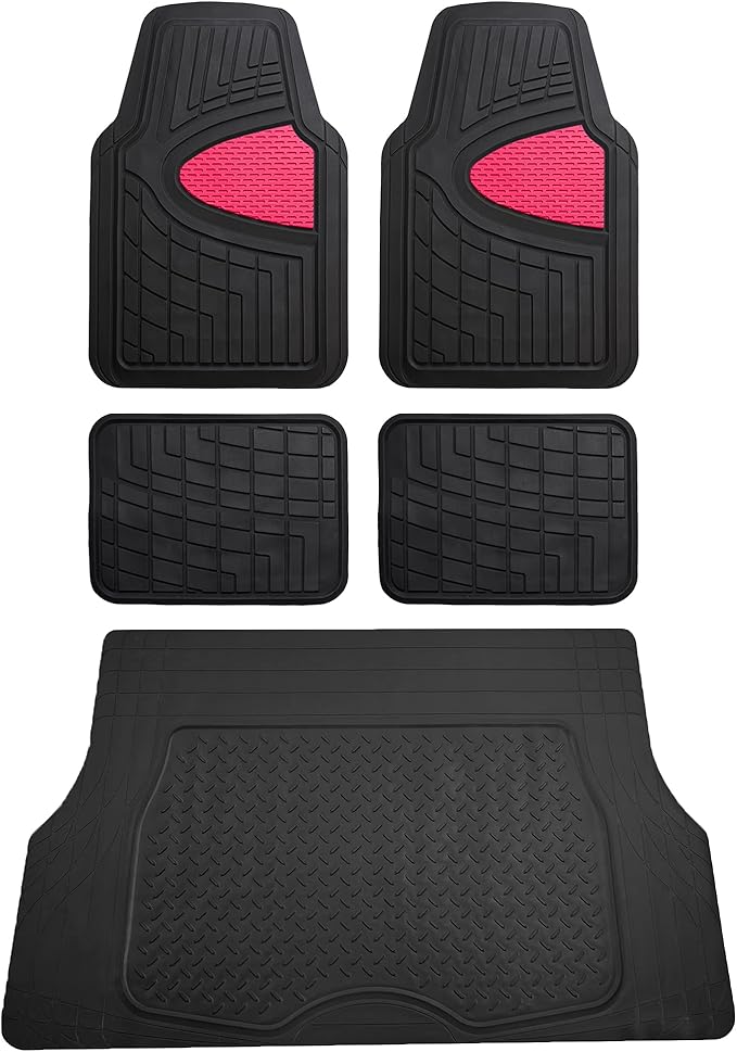 FH Group Premium Liners Tall Channel Trimmable All Weather Rubber Full Set Car Floor Mats (Pink) w. Trimmable All-Season Cargo Liner (Black) - Universal Fit for Cars Trucks and SUVs