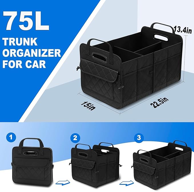 Car Trunk Organizer, 75L Large Capacity Waterproof Auto Storage with Non-Slip Bottom Strips, Collapsible Cargo Organizer for Su