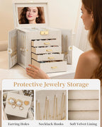 TORIBIO Jewelry Box for Women, Leather Jewelry Organizer with Mirror & Lock, 5-Tier Jewelry Storage Organizer with 4 Drawers 