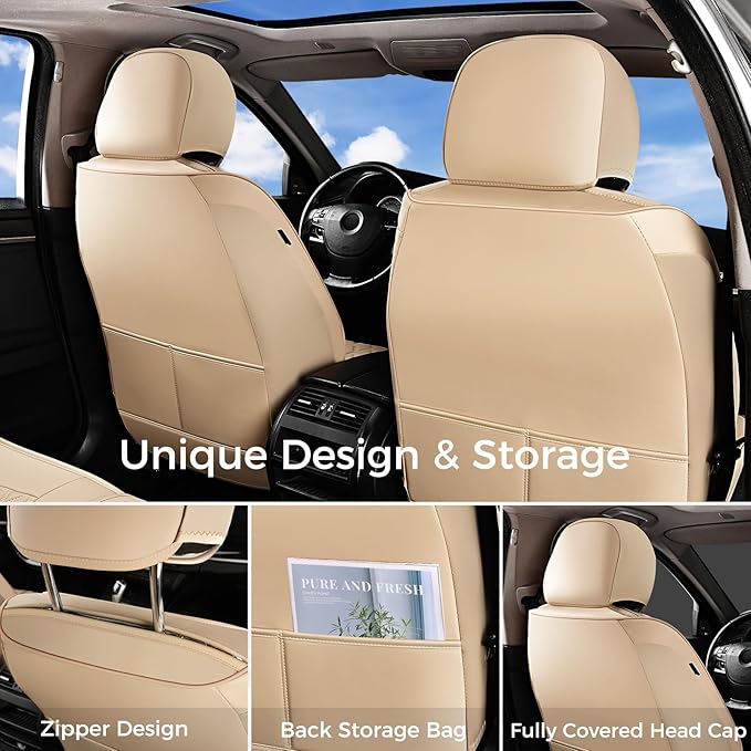 Huidasource Beige Front Seat Covers, Leather Car Seat Covers Front Seats, Driver Seat Cover Waterproof, Airbag Compatible, Un