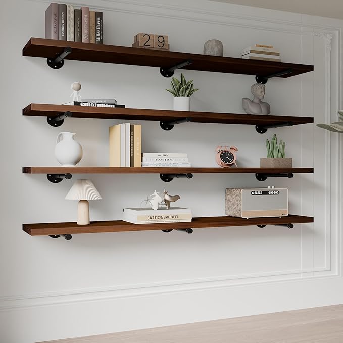 Industrial Pipe Wall Wood Shelves,Real Wooden Shelves 60" in Walnut Color with 11.8" Extra Width, Modern Floating Shevles Boo