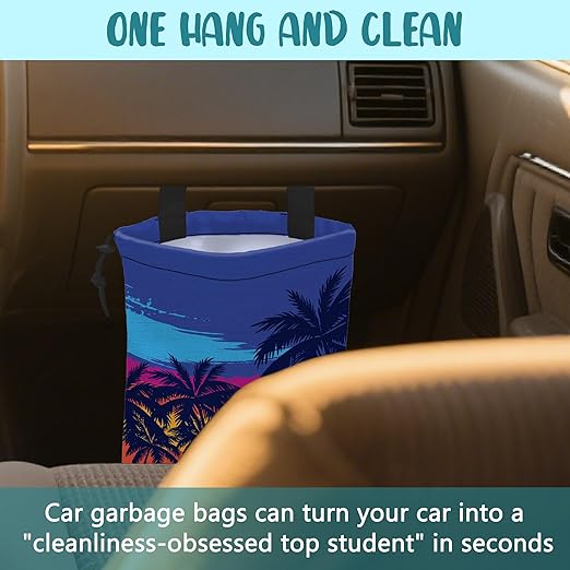 Car Garbage Bag Blue Palm Trees Orange Sunset Hanging Canvas Car Trash Bag Waterproof Drawstring Car Back Seat Organizer for Car Back Front Seat Console with Adjustable Buckle