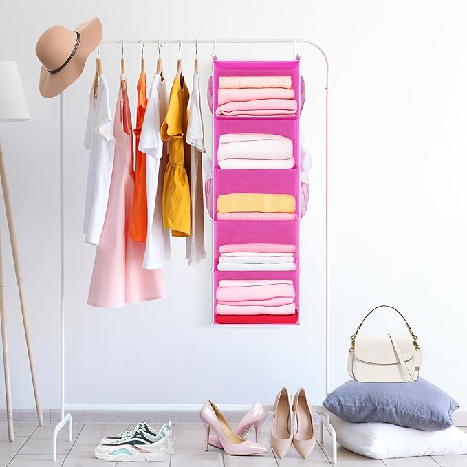 MAX Houser 5-Shelf Hanging Closet Organizer, Hanging Storage Shelves with 4 Side Pockets Space-Saving for Bedroom, Foldable (