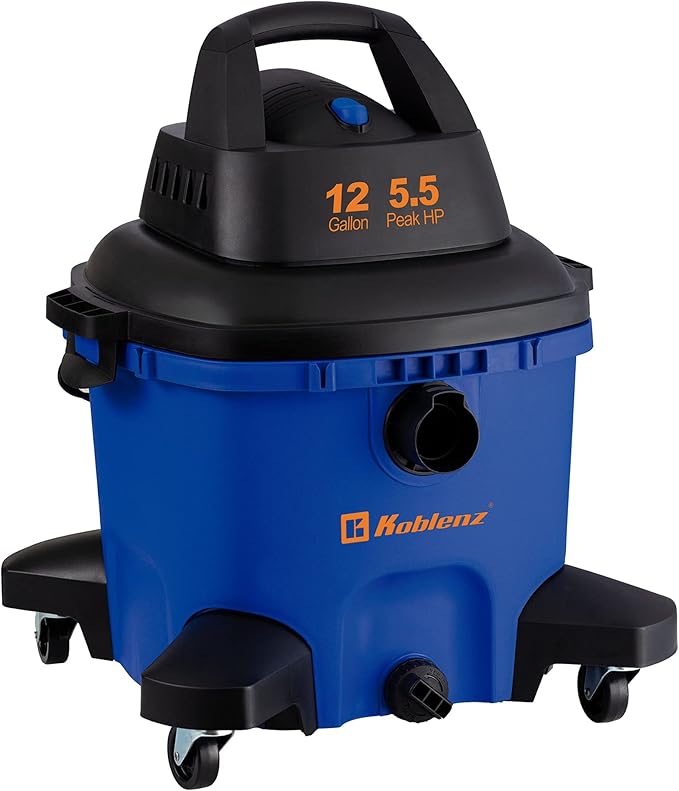 Koblenz Wet-Dry Vacuum, 12 Gallon Tank, 5.5 HP Vacuum Cleaner with 2-1/2" in x 7' Locking Hose, with a Blower Function, Blue/