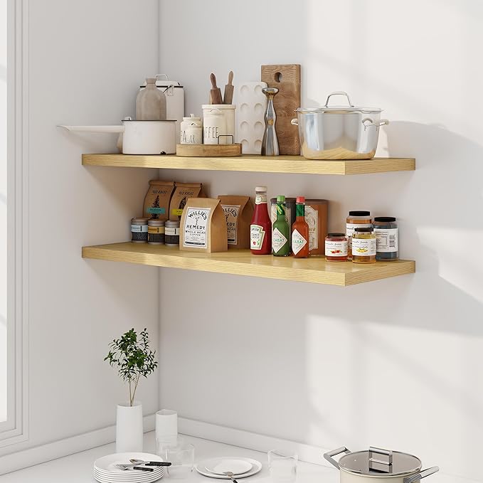 Dreamland 40" Floating Shelves for Wall, 12" Deep Slim Oak Floating Shelves, Wall-Mounted Shelves for Bedroom, Living Room, K