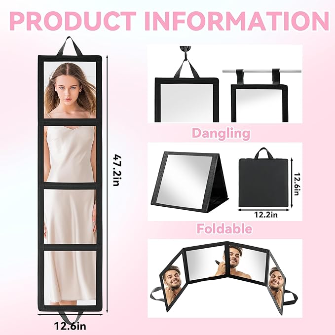 ROYALAY Foldable Full Length Mirror with Handle, 47 * 13in Four-fold Portable Mirror for Travel Makeup Dancing and Fitting Cl