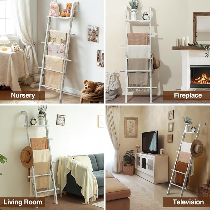 Taozun 67-Inch Farmhouse Blanket Ladder with Shelf and Hooks, 5-Tier Wooden Wall Leaning Towel Quilt Rack Holder for Living R