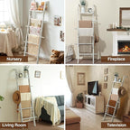 Taozun 67-Inch Farmhouse Blanket Ladder with Shelf and Hooks, 5-Tier Wooden Wall Leaning Towel Quilt Rack Holder for Living R