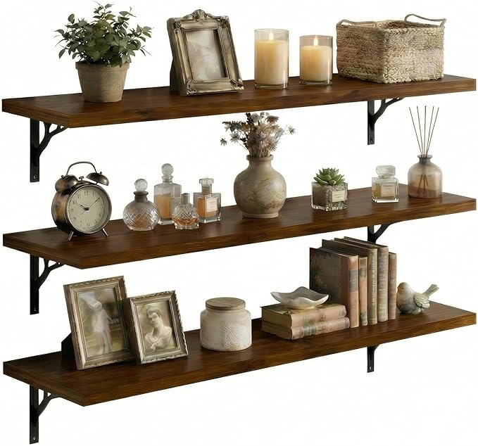 48Inch Solid Pine Wood Floating Shelves Set of 3, Walnut Wood Wall-Mounted Storage Shelves with Heavy-Duty Metal Brackets | D