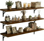 48Inch Solid Pine Wood Floating Shelves Set of 3, Walnut Wood Wall-Mounted Storage Shelves with Heavy-Duty Metal Brackets | D