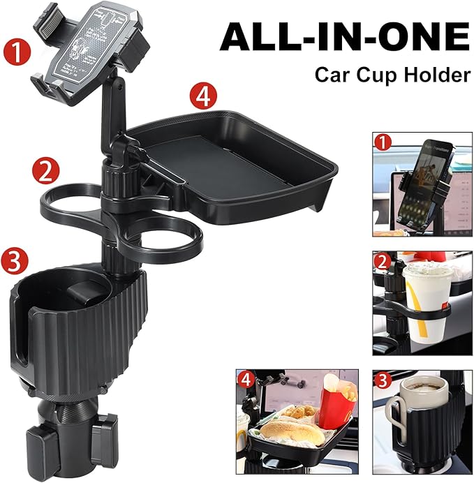 Car Large Cup Holder Expander, 5-in-1 Cupholder Extender with Phone Holder & Swivel and Detachable Snack Food Tray Table for 