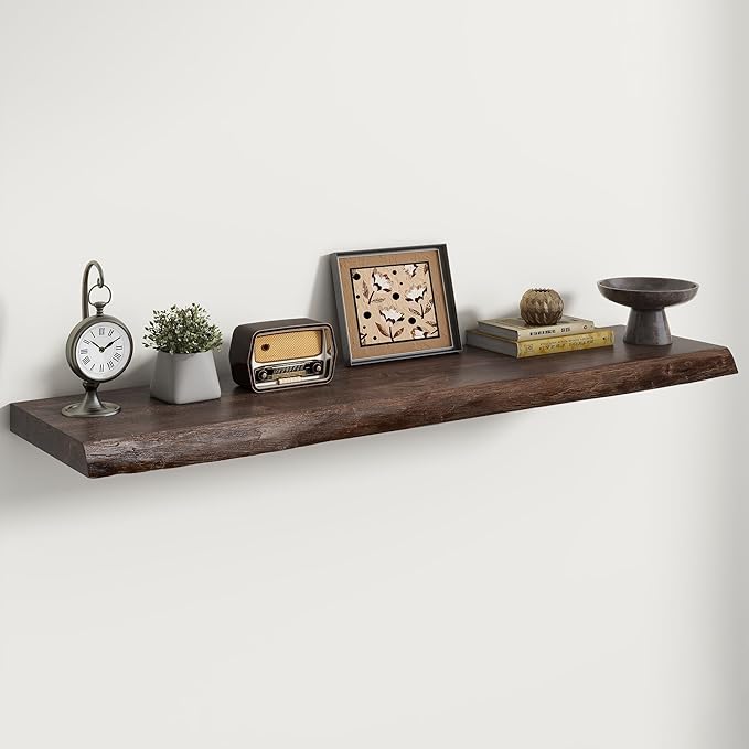 RICHFOCUS Live Edge Elm Floating Shelves - 48" W x 9.3" D Rustic Solid Wood Wall Shelves with Invisible Bracket, Wall-Mounted