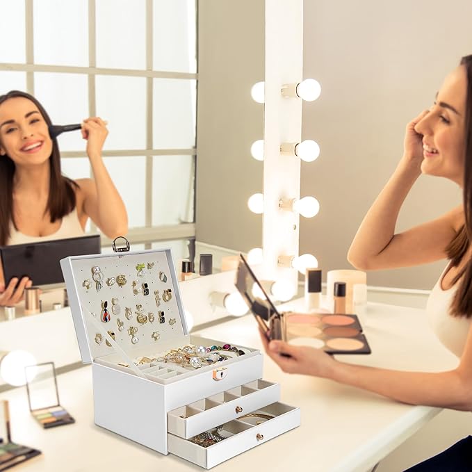 Jewelry Box, 3-Layer Jewelry Boxes for Women, Stud Earings Holder Jewelry Organizers and Storage with Removable Jewelry Tray,