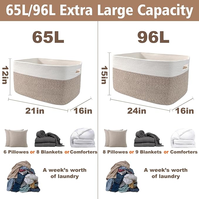 JMvicyroam Woven Blanket Basket,96L Large Storage Bin for Blankets Toys Clothes,Decorative Rope Basket for Living Room Bedroo