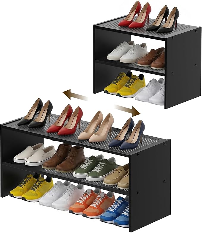 YATINEY Expandable Shoe Rack, 2-Tier Adjustable Entryway Shoe Organizer, Stackable Closet Shoe Rack for Small Space, Compact 