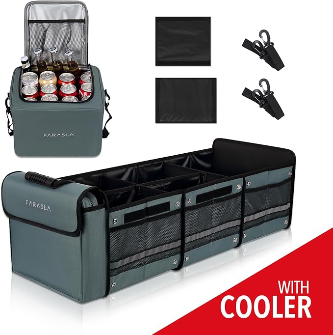 Farasla Waterproof Trunk Organizer with Insulated Leakproof Cooler Bag, Foldable Cover, Adjustable Securing Straps (4-in-1