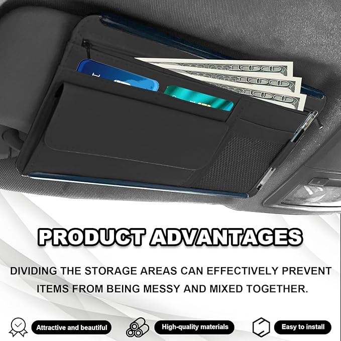 Car Sun Visor Storage Bag, Soft Leather Surface Organizer, Scratch-Resistant Auto Sunshade Organizer Bag, Can Store ID Card, Eyeglasses, Pen, Driving License etc (Black)