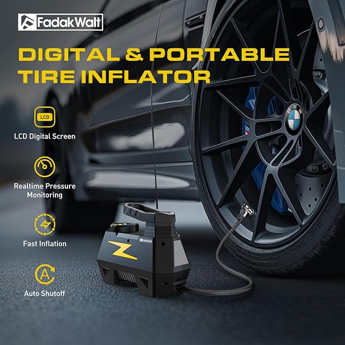 FADAKWALT Tire Inflator Portable Air Compressor, DC 12V Tire Air Pump with LED and 150PSI Digital Pressure Gauge, Portable Tire Inflator for Car Tires, Motorcycles, Bike, Ball (Yellow)