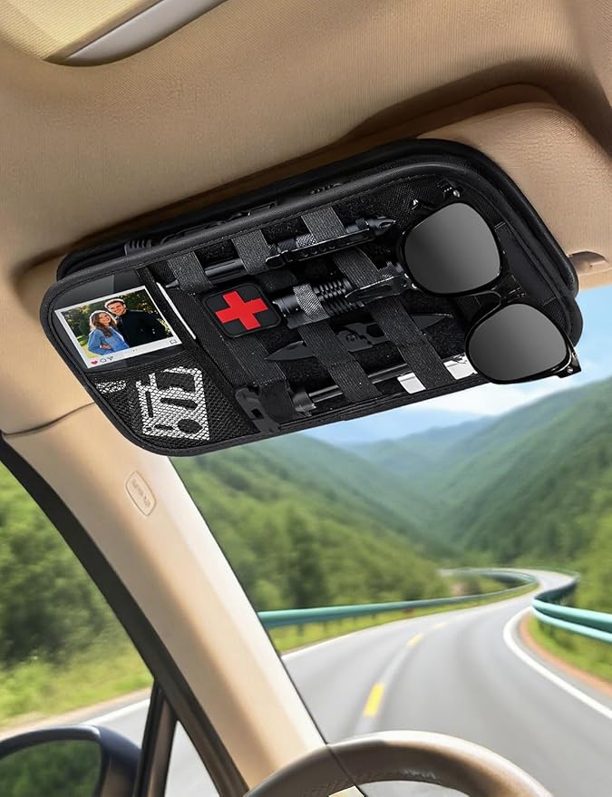 Molle Car Sun Visor Organizer - Tactical Storage Panel with 180° Zipper Pouch & Magnetic Glasses Clip & Photo Holder & Semi-Rigid Molle Panel for Military Gear (2, Black)