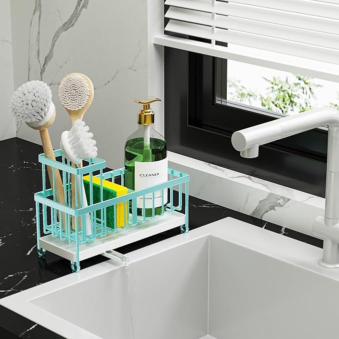 Cisily Sponge Holder for Kitchen Sink, Sink Caddy Organizer with High Brush Holder, Kitchen Countertop Organizers and Storage