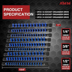 AMM 9-Piece Socket Organizer, 1/2 inch, 3/8 inch and 1/4 inch Drive ABS Tools-Blue Socket Holder,Heavy Duty Socket Racks, Pre