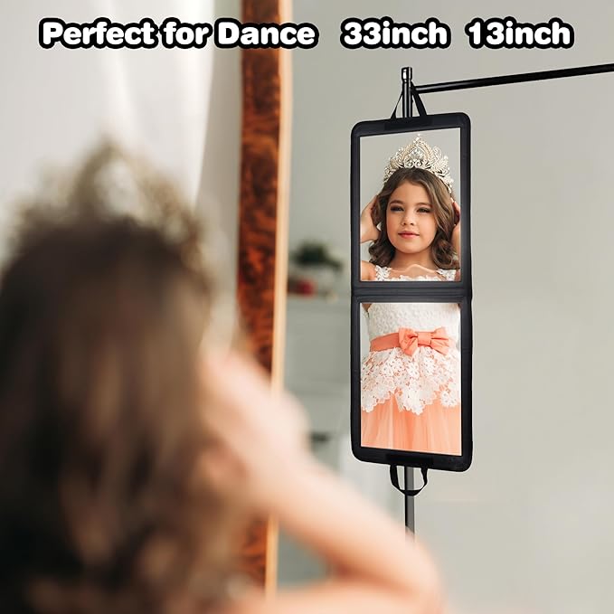 LPHUMEX 33x13 in Portable Mirror Full Length Door Hanging, Black Foldable Shatterproof Full Body Door Mirror for Dancing Bag,