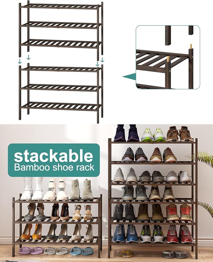 viewcare Shoe Rack for Closet, 3-Tier Bamboo Wood Shoe Racks, Stackable | Beautiful | Natural | Functional | Sturdy, Bamboo S