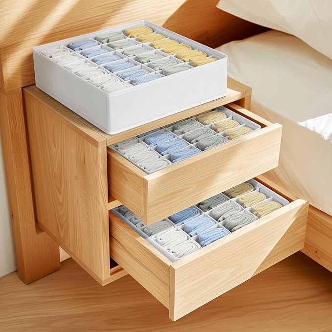 Sock Organizer 4 Pack, 24 Cell Foldable Underwear & Sock Storage, Drawer Organizer for Ties, Belts. (White)