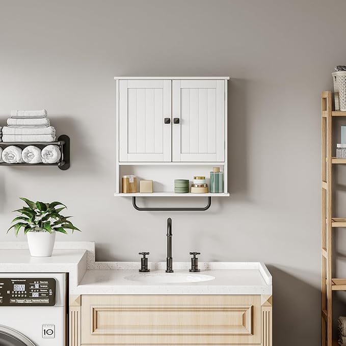 RRX Bathroom Cabinet Wall Mounted Medicine Cabinets with Towels Bar, Over The Toilet Storage Cabinet with 2 Doors and Adjusta