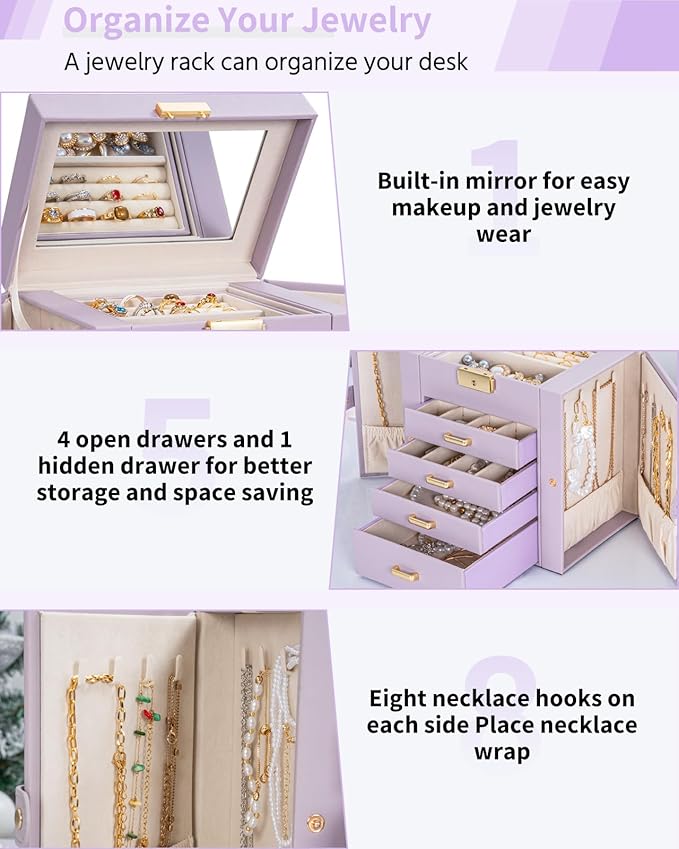 AKOZLIN 5-Tier Jewelry Box Leather Jewelry Storage Organizer with 4 Drawers Lockable for Women Girls Ring Necklace Earring Br