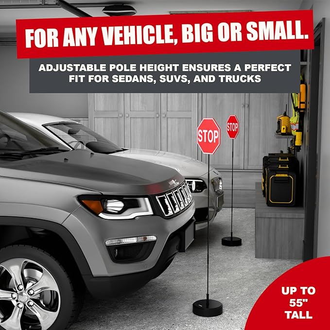 Securityman Garage Parking Aid with LED Stop Sign [Upgraded Base] – Large 7" Sign, Bright Red LEDs, Adjustable Height – Garag