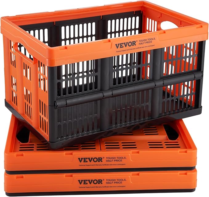 VEVOR Plastic Collapsible Storage Basket, 45L 3 Packs, Folding Stackable Storage Containers/Bins with Handles, Large Heavy Du