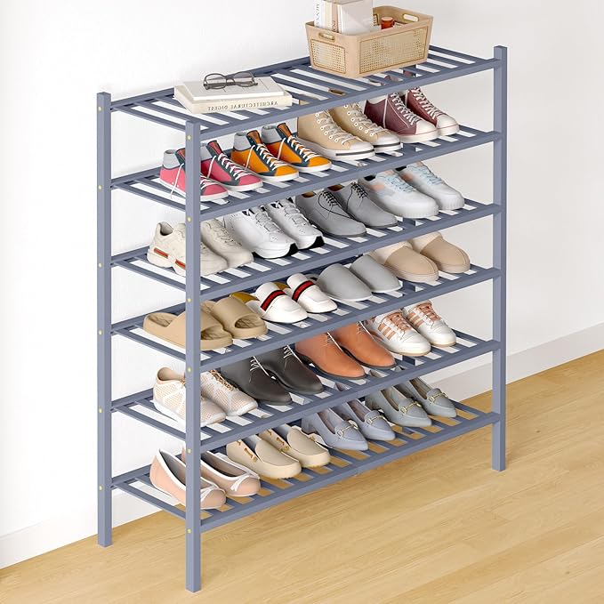 Smiry Bamboo Shoe Rack for Closet, 6 Tier Long Wooden Stackable Shoe Organizer, Free Standing Shoes Storage Shelf for Entrywa