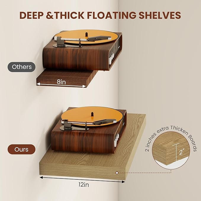 Vivelove 12 Inch Deep Floating Shelves 16 inch Long, 2 Inch Thick Wall Shelves with Invisible Brackets, Shelf for Bedroom Bat
