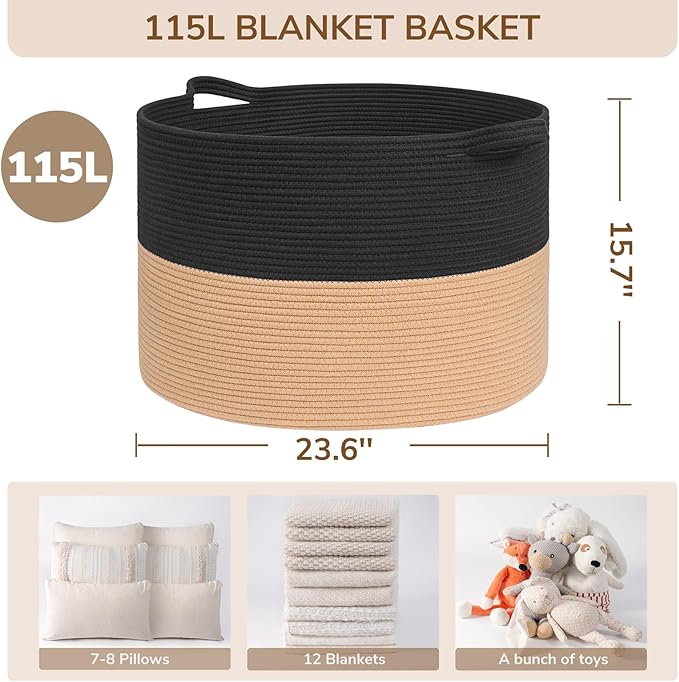 INDRESSME 115L Extra Large Cotton Rope Blanket Basket for Nursery, Boho Decor Baby Laundry Baskets for Kids Toy Organizer Sto