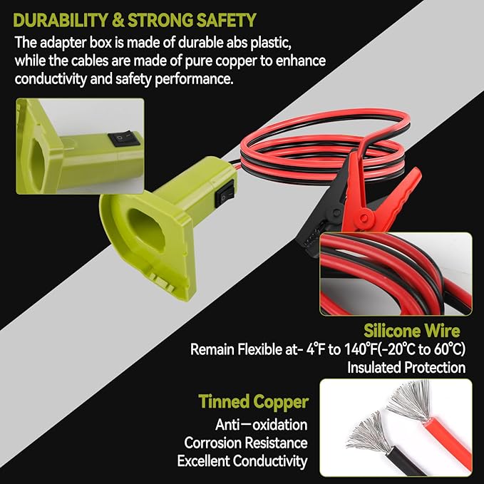 Jumper Cables Adapter Compatible with Ryobi 18V Battery, 12AWG 5.9FT Portable Battery Jump Starter Automotive Booster Cables Power for Car Jump Starting Using Tool
