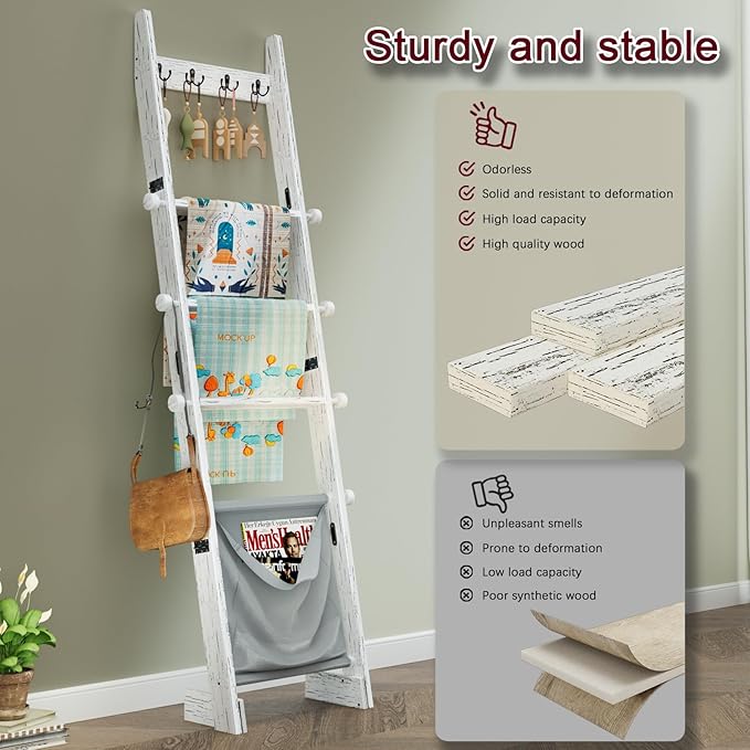 REFGY Blanket Ladder for Living Room, 5-Tier Wooden Blanket Ladder, 5.3Ft Wall Leaning Quilt Ladder for Bedroom, Rustic Decor