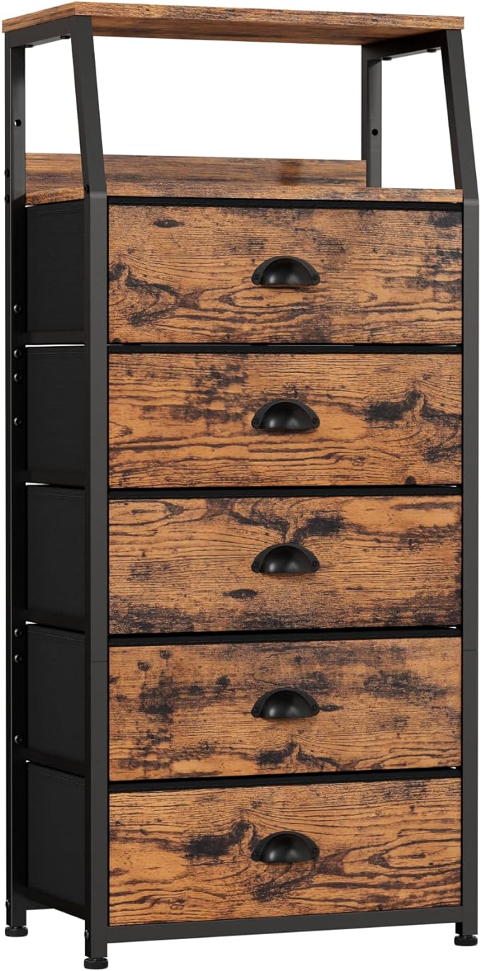 Furnulem Tall 5 Drawers Dresser, Vertical Storage Tower Fabric Dresser for Bedroom, Hallway, Entryway, Nursery, Closet Organi