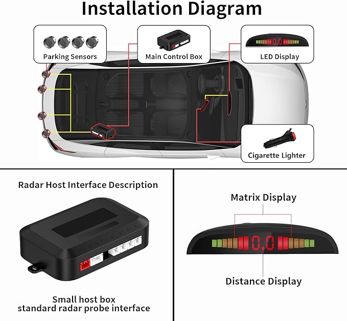 EKYLIN Wireless Car Parking Sensor, Reverse Radar System with 4 Parking Sensors, Wireless LED Distance Display with Sound Warning + 4 Gray Color Car Reverse Parking Sensors for Cars Vans RV Trailer